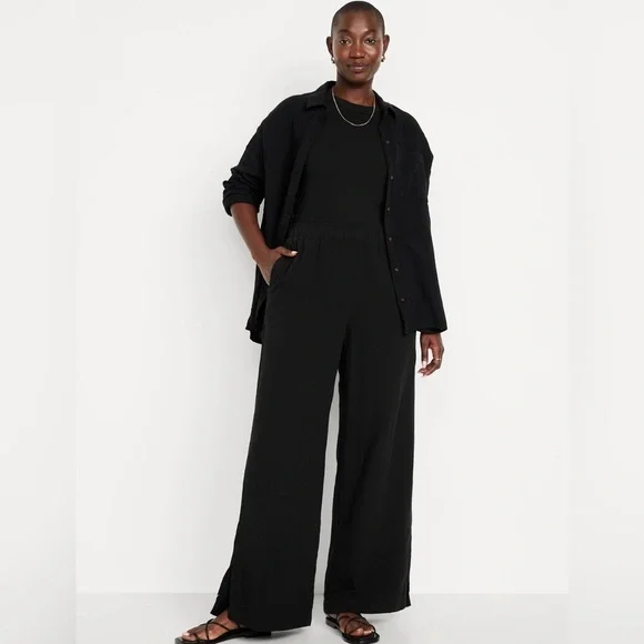 NWT! Old Navy Black High-Waisted Crinkle Gauze Super Wide-Leg Pants - Multiple - Picture 4 of 9
